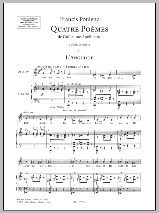 Francis Poulenc Quatre Poèmes de Guillaume Apollinaire sheet music notes and chords arranged for Piano & Vocal