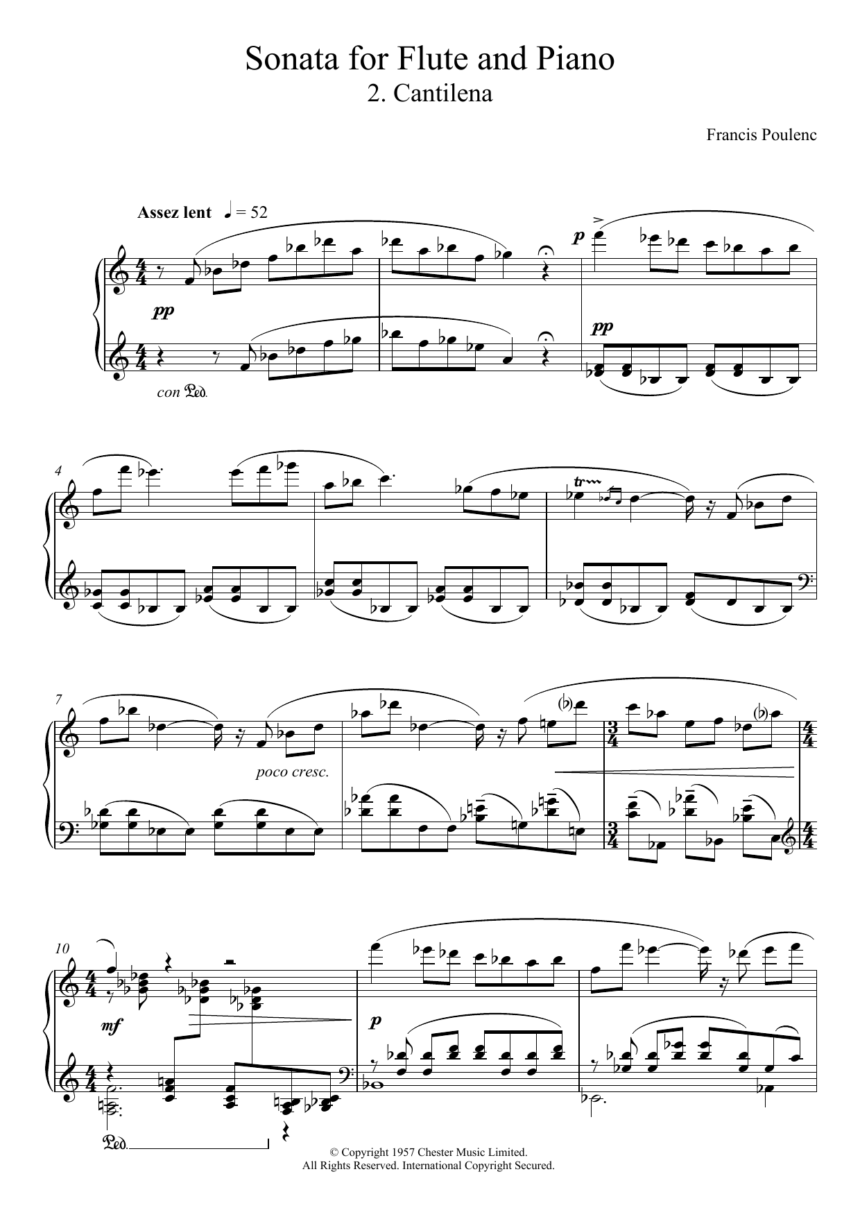 Francis Poulenc Sonata For Flute, 2nd Movement 'Cantilena: Assez Lent' sheet music notes and chords arranged for Piano Solo