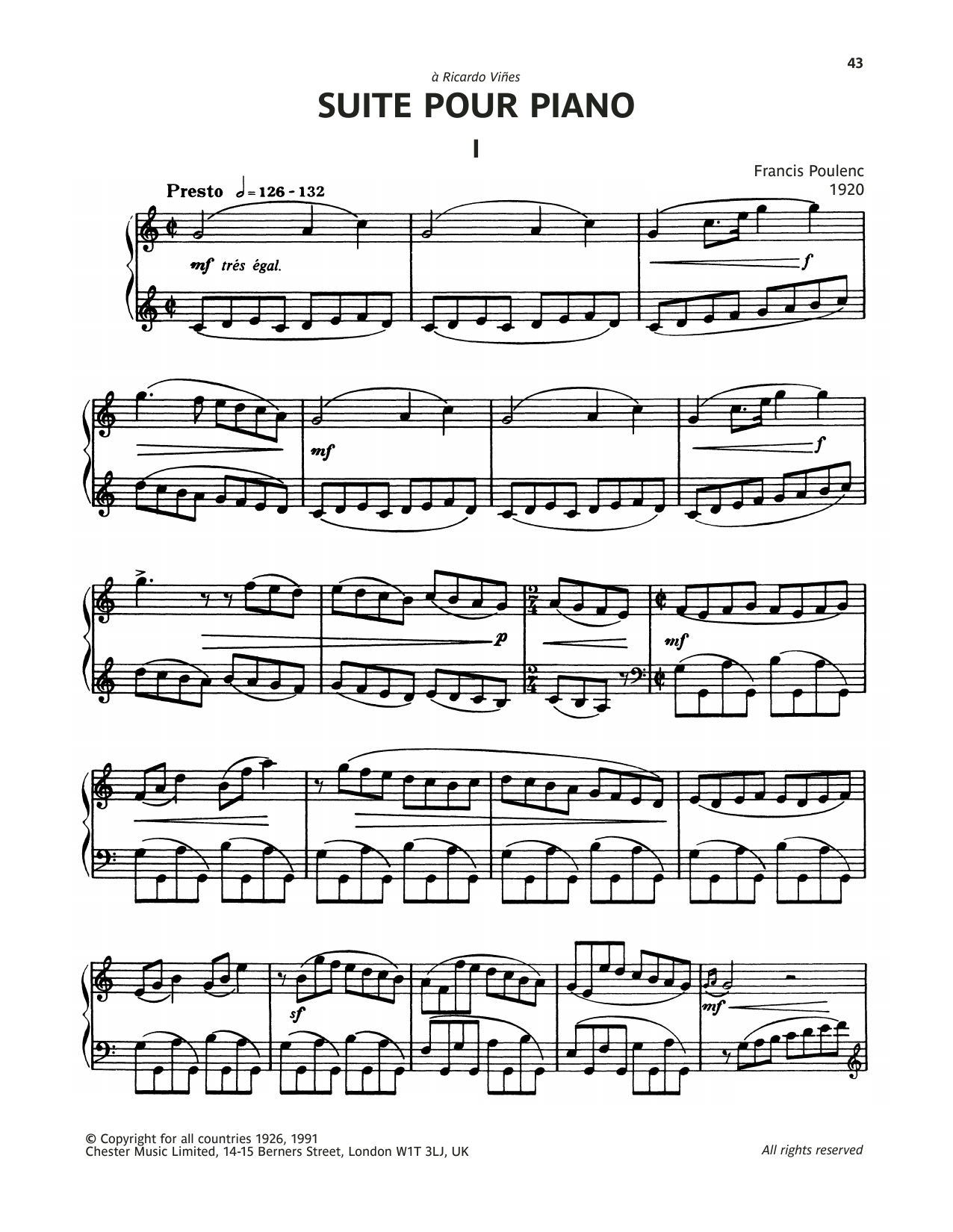 Francis Poulenc Suite For Piano - I. Presto sheet music notes and chords arranged for Piano Solo
