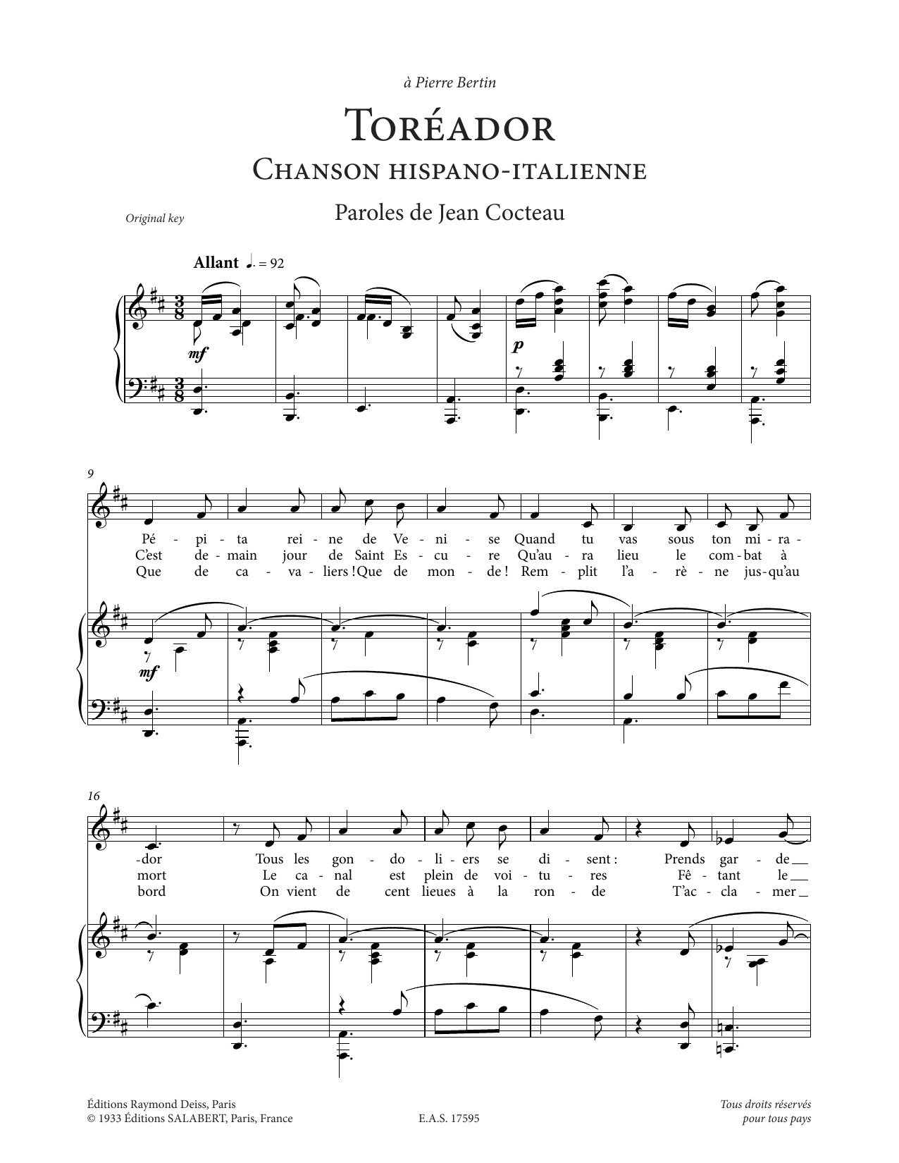 Francis Poulenc Toréador sheet music notes and chords arranged for Piano & Vocal