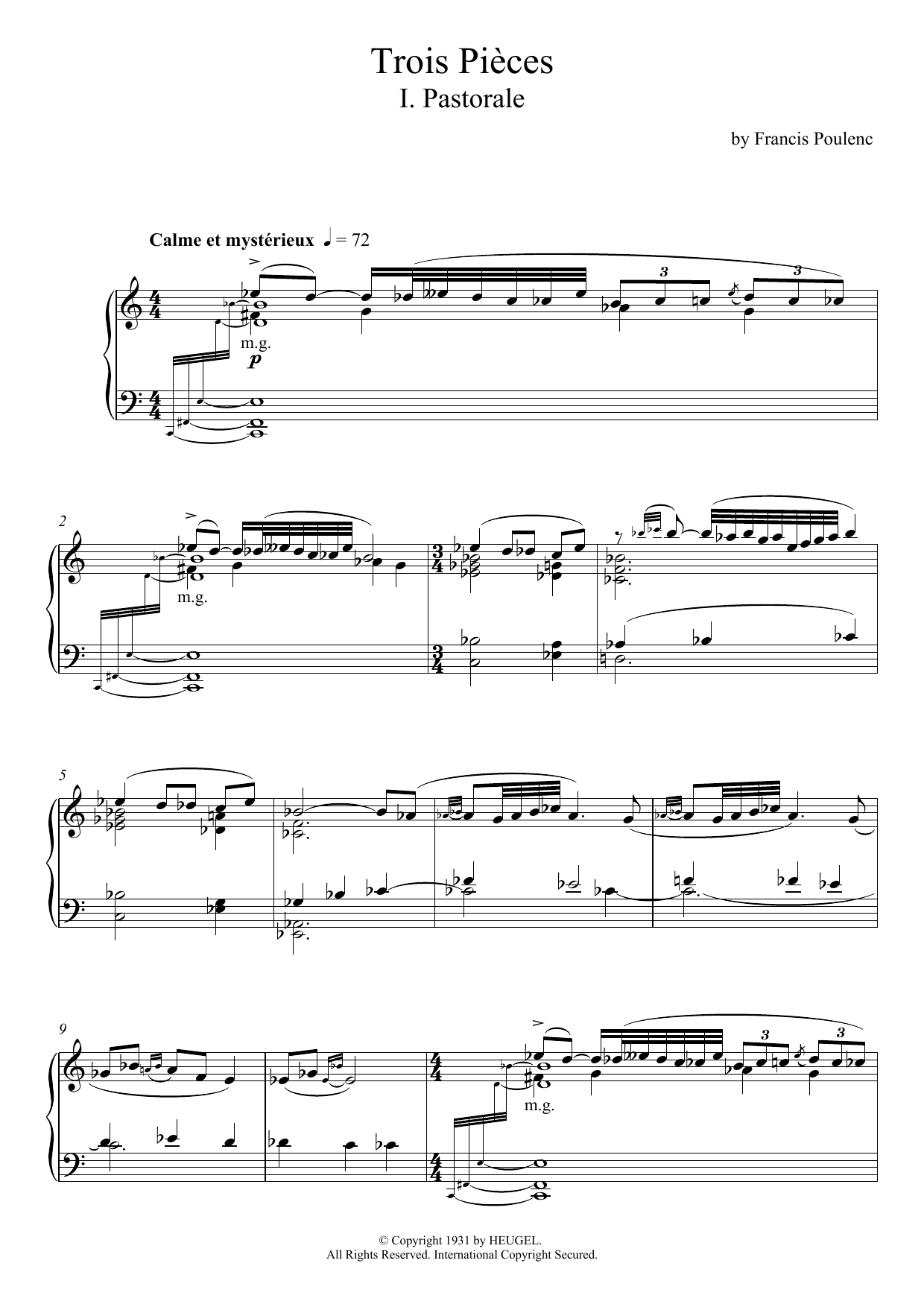 Francis Poulenc Trois Pieces - I. Pastorale sheet music notes and chords arranged for Piano Solo