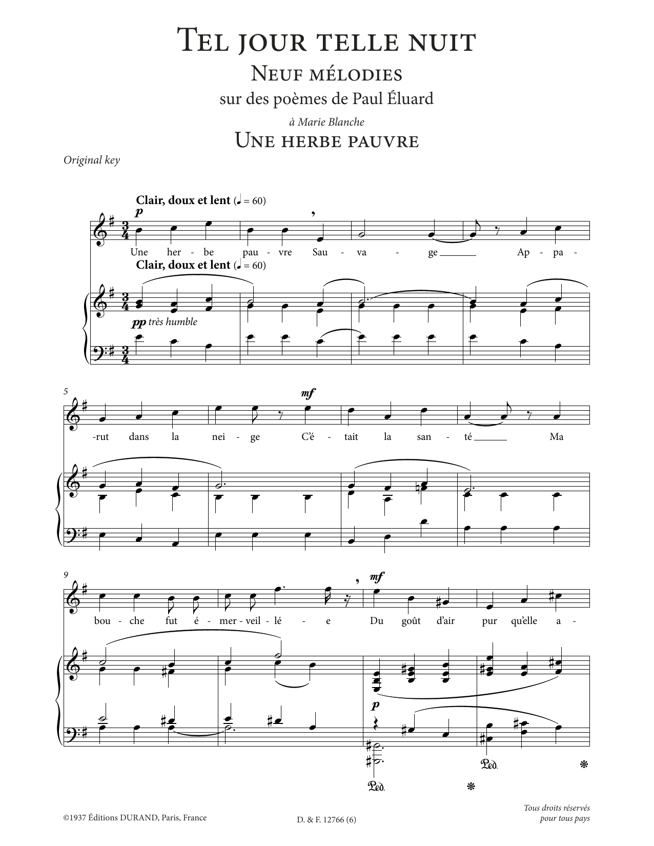 Francis Poulenc Une herbe pauvre (High Voice) sheet music notes and chords arranged for Piano & Vocal