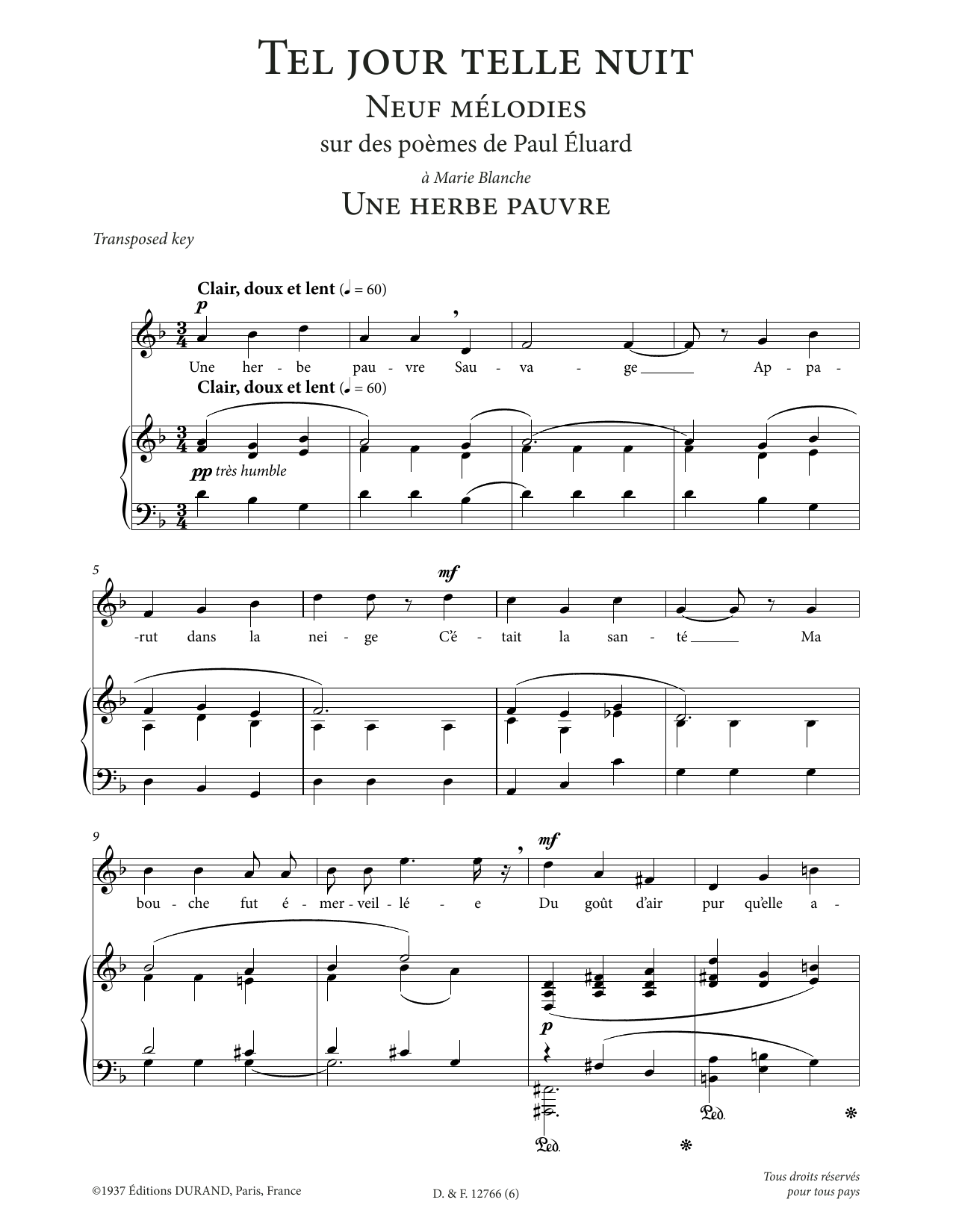 Francis Poulenc Une herbe pauvre (Low Voice) sheet music notes and chords arranged for Piano & Vocal