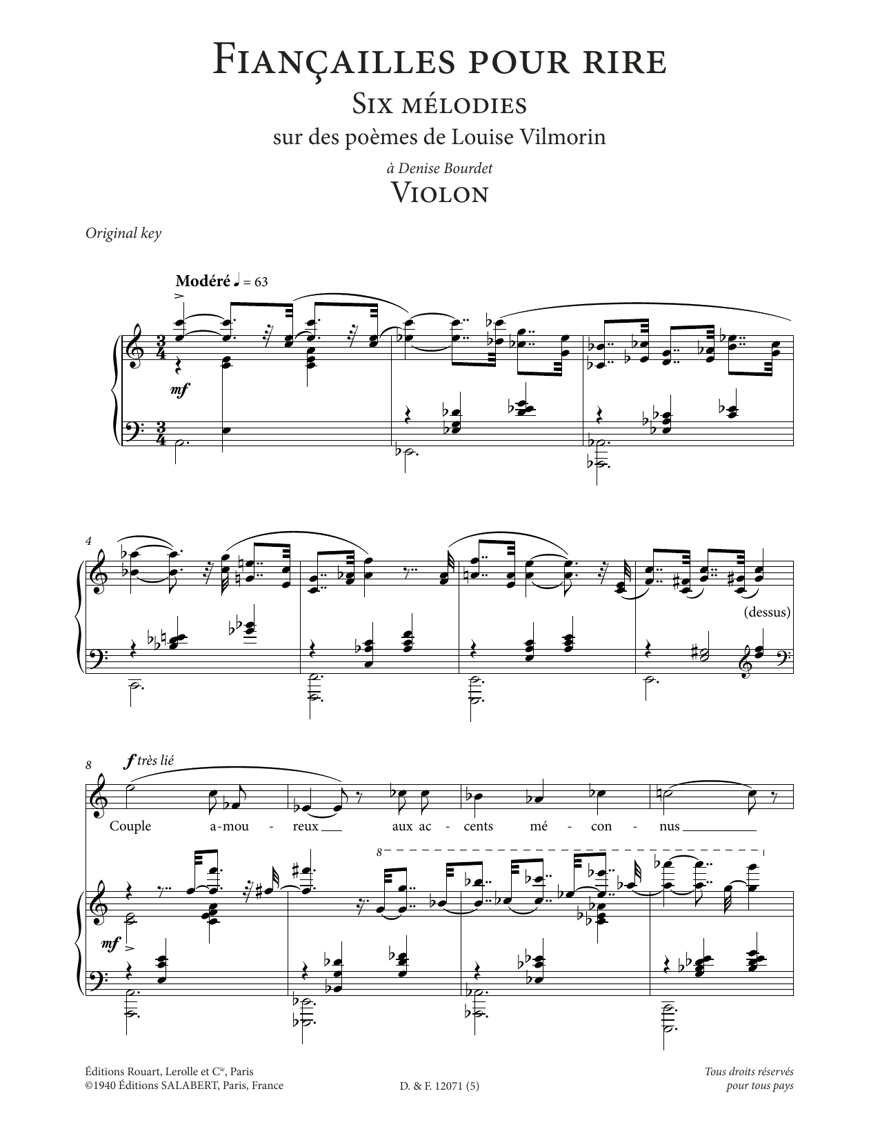 Francis Poulenc Violon (High Voice) sheet music notes and chords arranged for Piano & Vocal