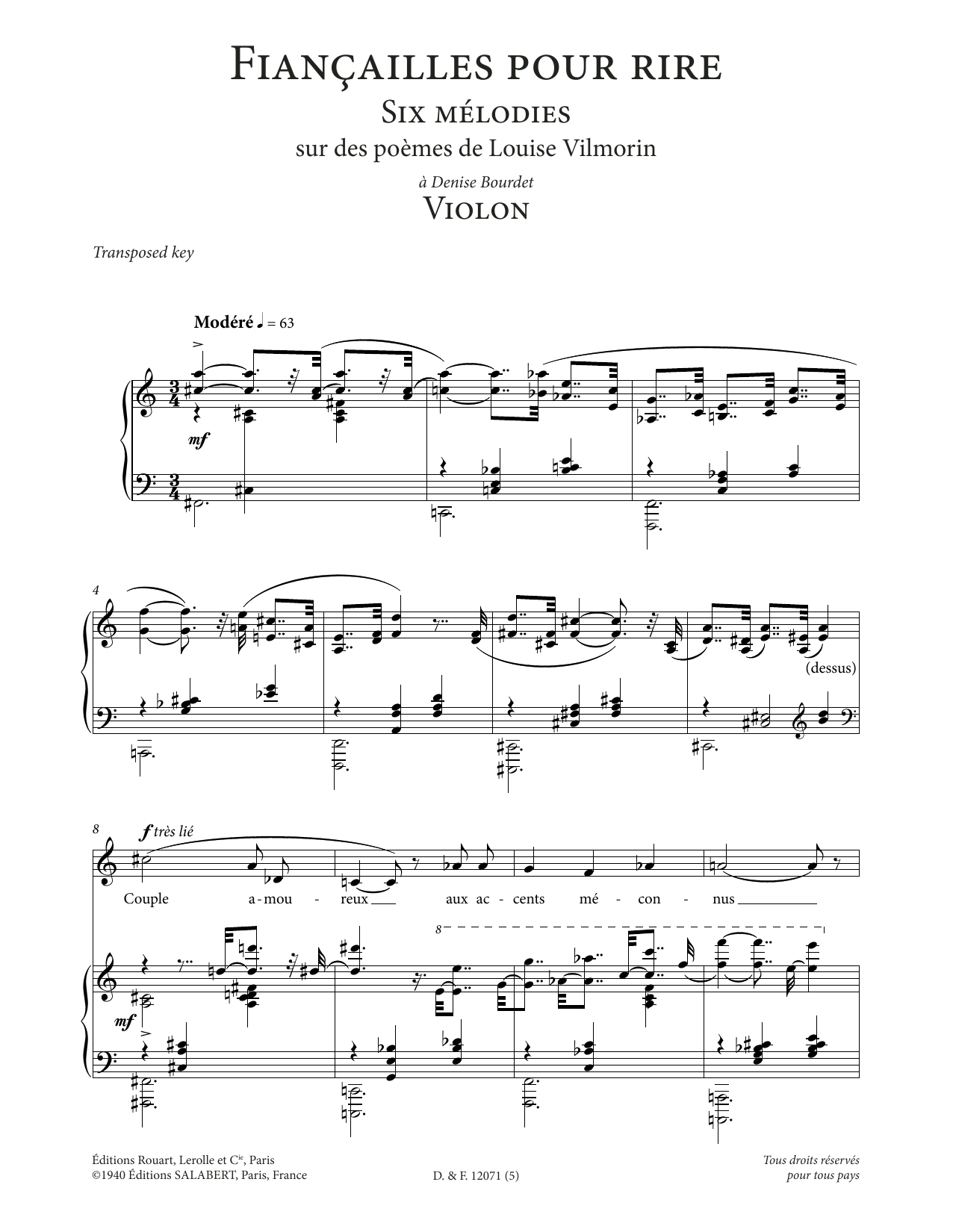 Francis Poulenc Violon (Low Voice) sheet music notes and chords arranged for Piano & Vocal