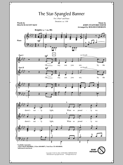 Francis Scott Key The Star Spangled Banner (arr. Roger Emerson) sheet music notes and chords arranged for 2-Part Choir