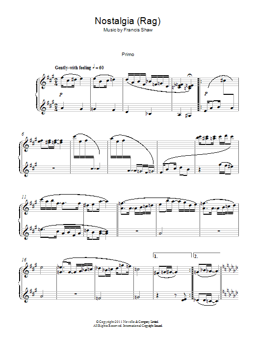 Francis Shaw Nostalgia (Rag) sheet music notes and chords arranged for Piano Solo