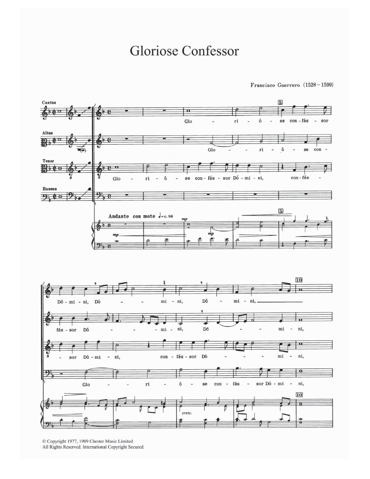 Francisco Guerrero Gloriose Confessor sheet music notes and chords arranged for Choir