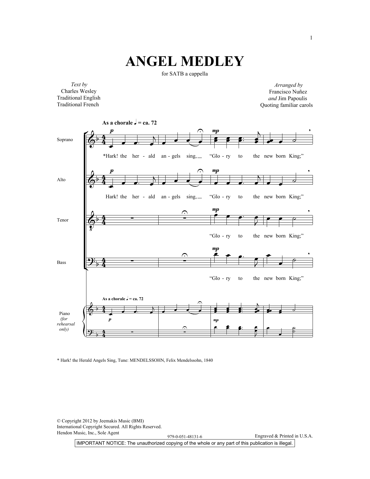 Francisco J. Nuñez Angel Medley (from Coolside of Yuletide) sheet music notes and chords arranged for SATB Choir