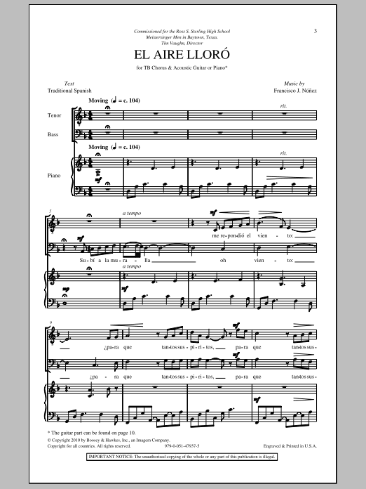 Francisco J. Nunez El Aire Lloro sheet music notes and chords arranged for TB Choir