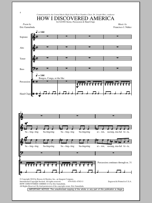 Francisco J. Nunez How I Discovered America sheet music notes and chords arranged for SATB Choir