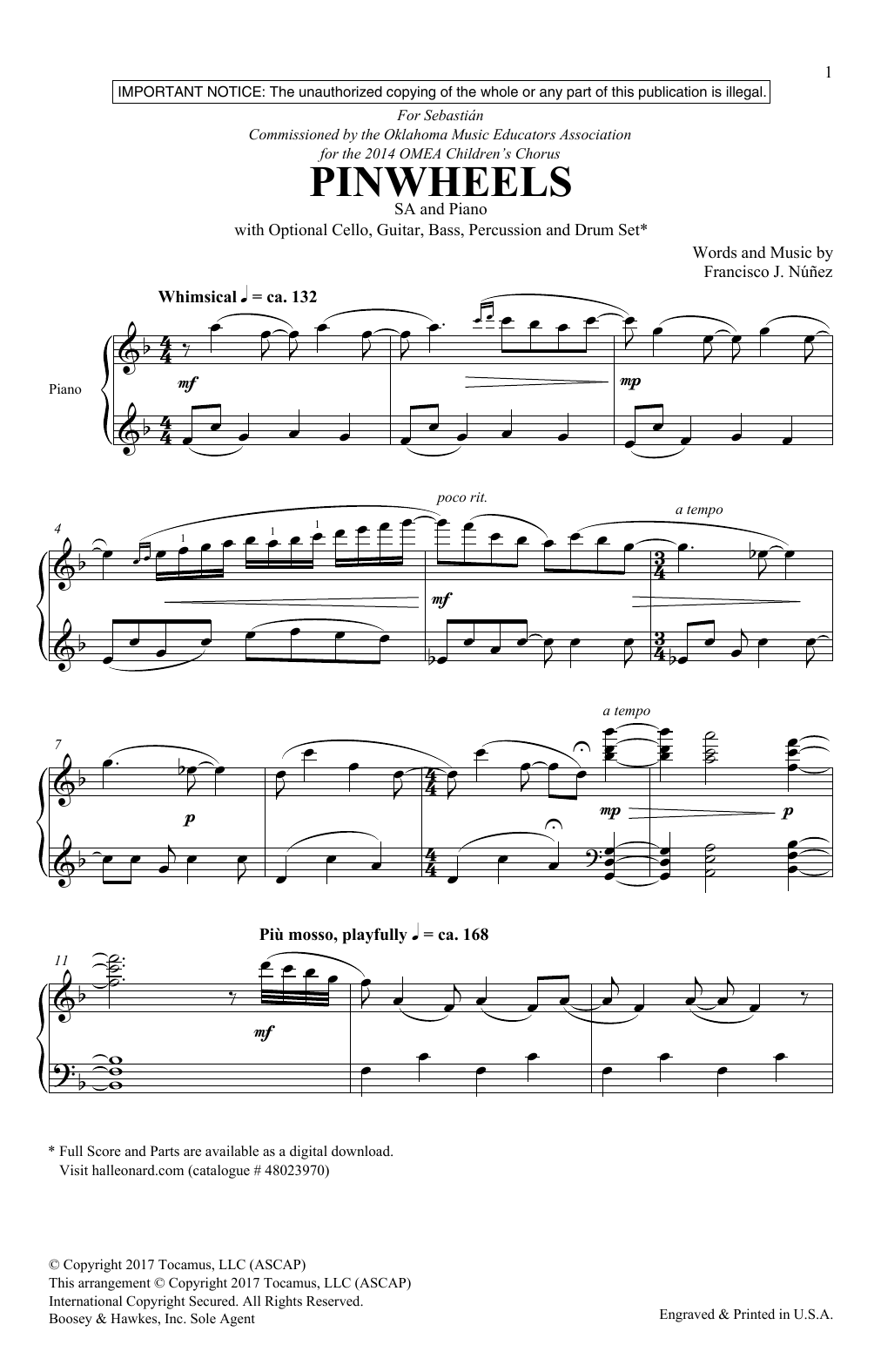 Francisco Nunez Pinwheels sheet music notes and chords arranged for 2-Part Choir