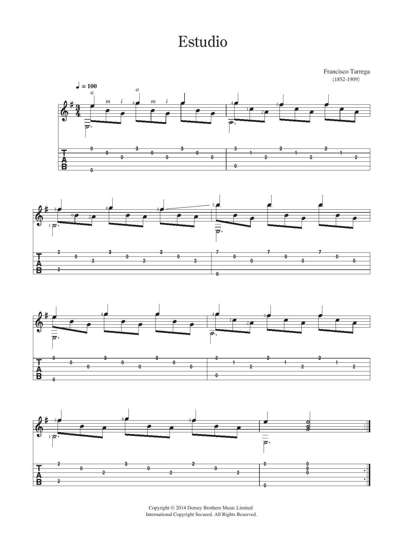 Francisco Tárrega Estudio sheet music notes and chords arranged for Easy Guitar