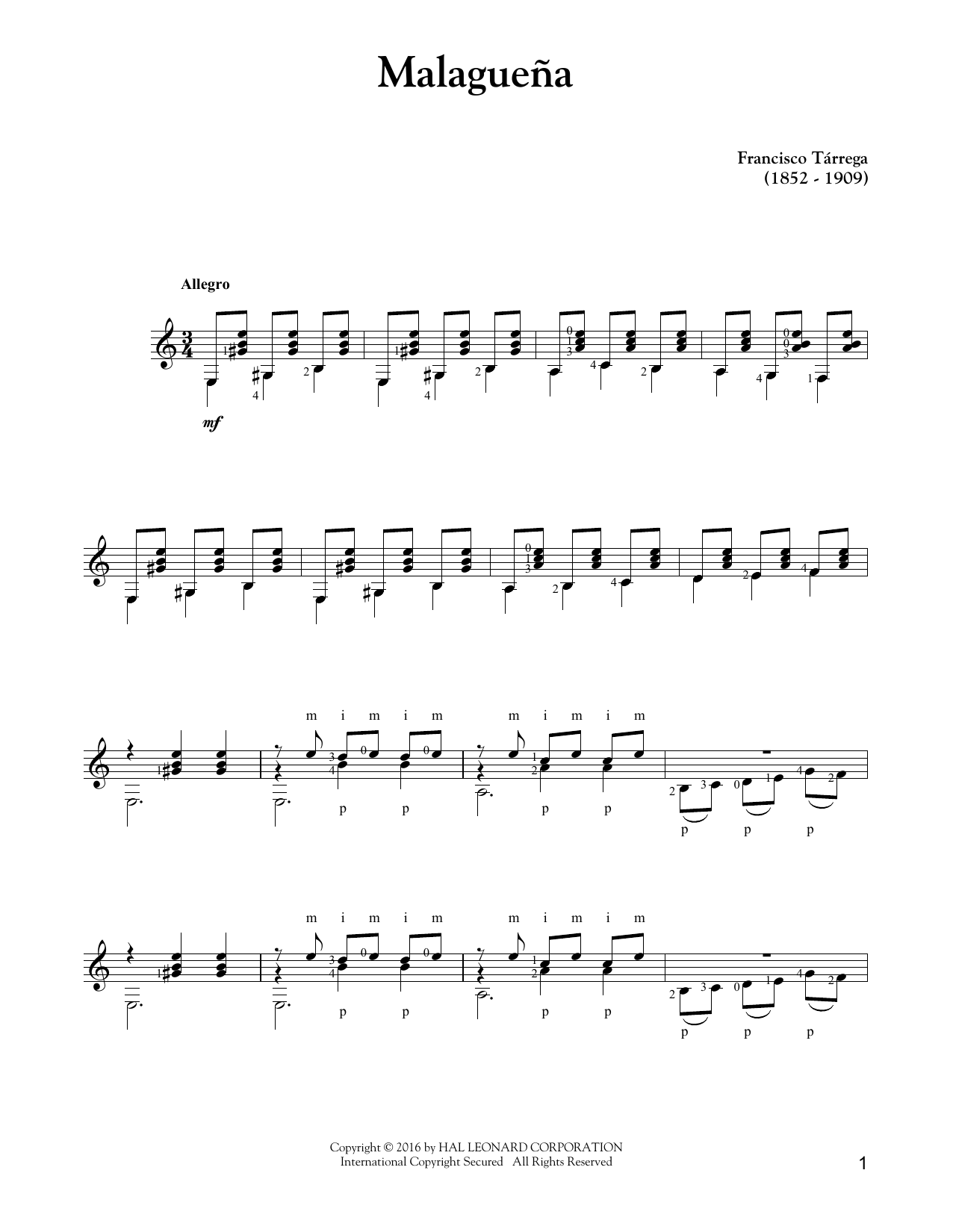 Francisco Tárrega Malagueña sheet music notes and chords arranged for Solo Guitar