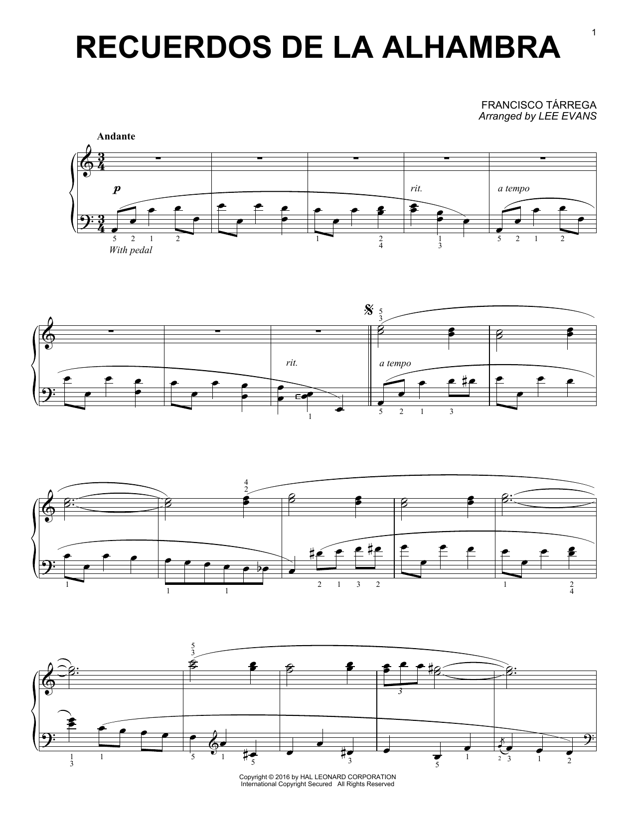Francisco Tárrega Recuerdos de la Alhambra (arr. Lee Evans) sheet music notes and chords arranged for Piano Solo