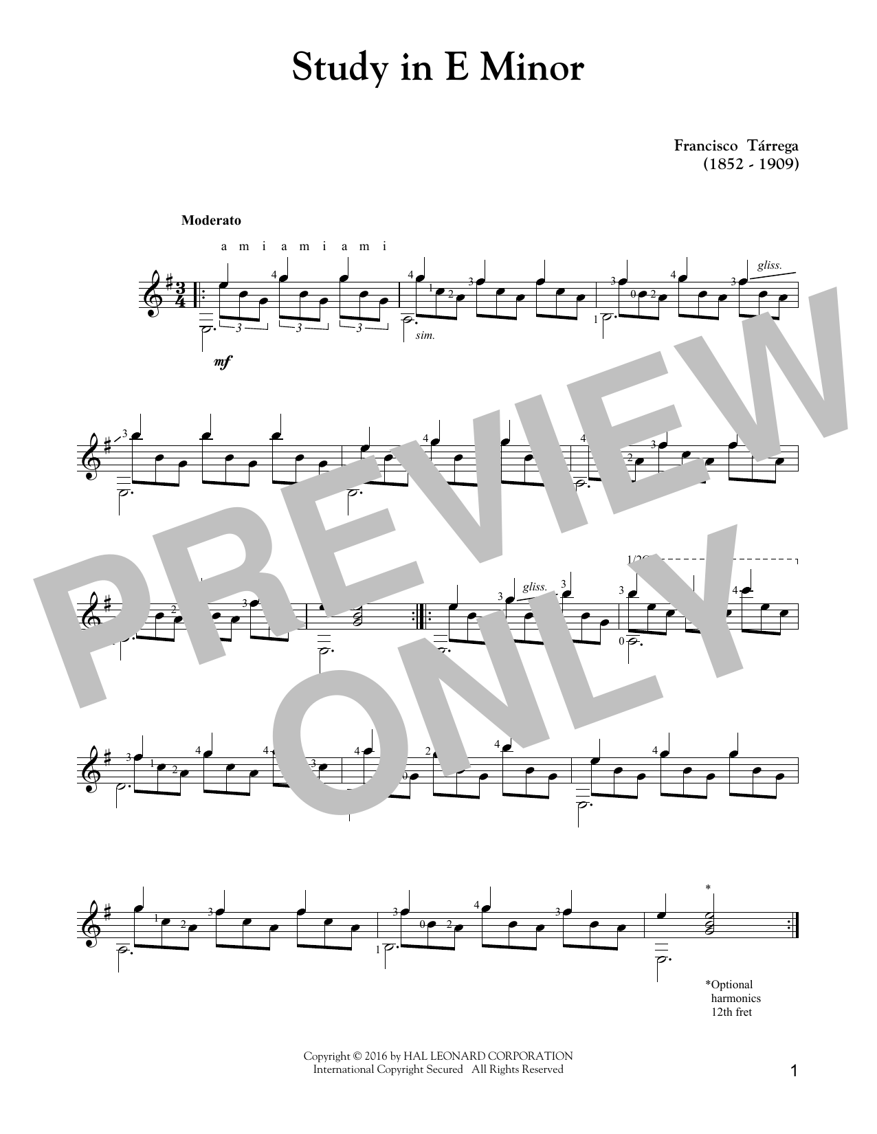 Francisco Tarrega Study In E Minor sheet music notes and chords arranged for Solo Guitar