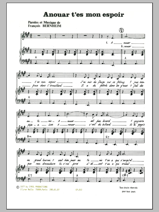 Francois Bernheim Ainhouar T'es Mon Espoir sheet music notes and chords arranged for Piano & Vocal