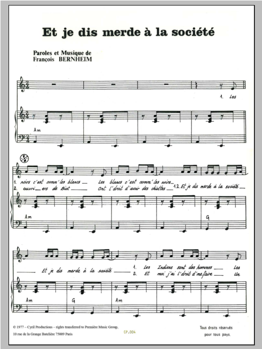 Francois Bernheim Et Je Dis Merde A La Societe sheet music notes and chords arranged for Piano & Vocal