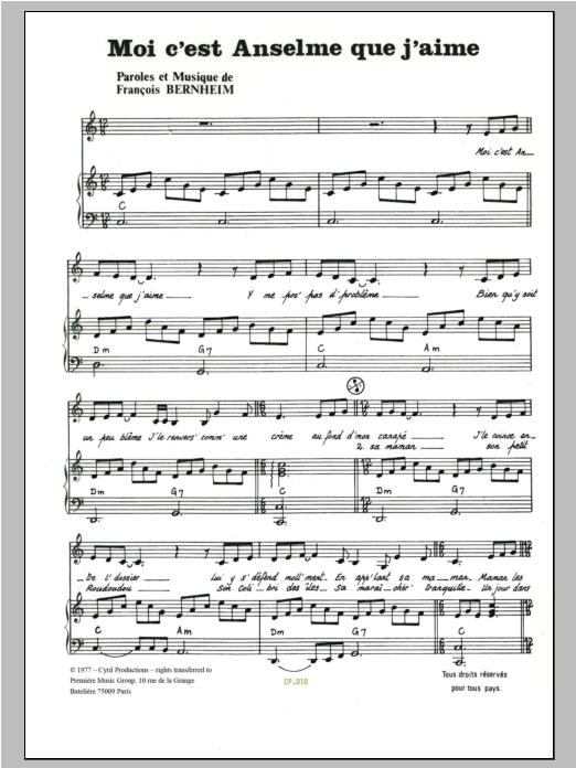 Francois Bernheim Moi C'est Anselme Que J'aime sheet music notes and chords arranged for Piano & Vocal