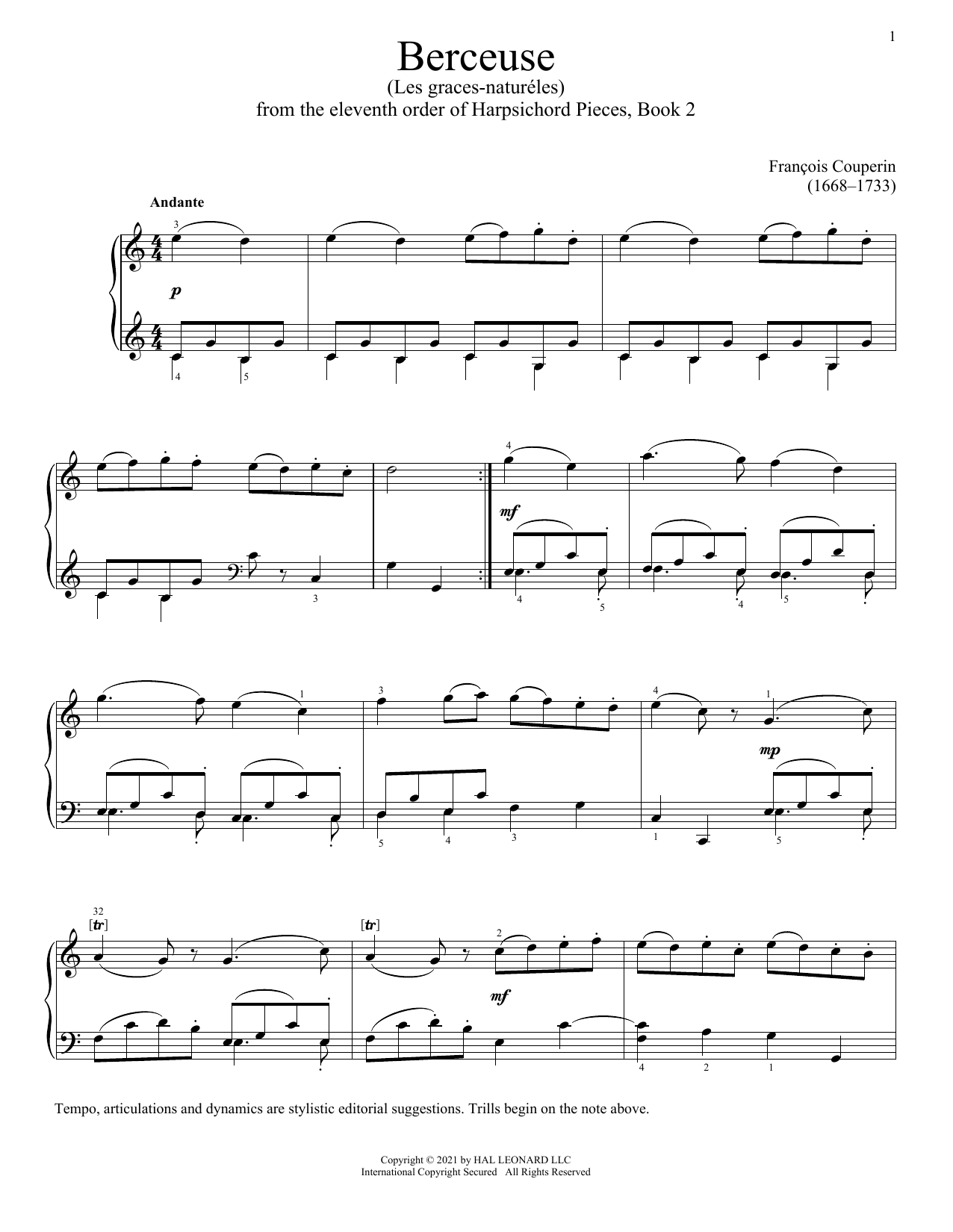 Francois Couperin Cradle Song sheet music notes and chords arranged for Piano Solo
