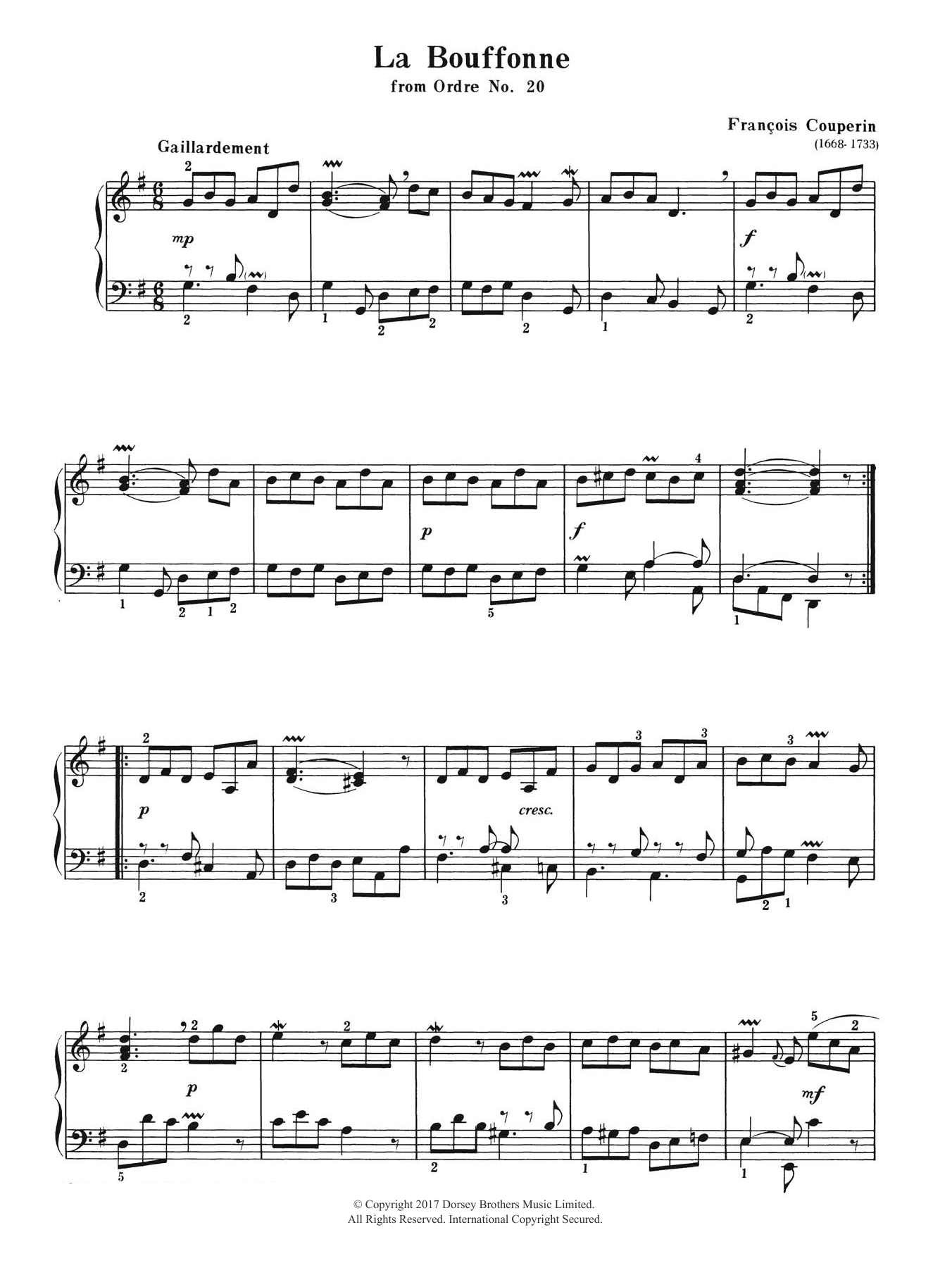 François Couperin La Bouffonne (from Ordre No. 20) sheet music notes and chords arranged for Piano Solo
