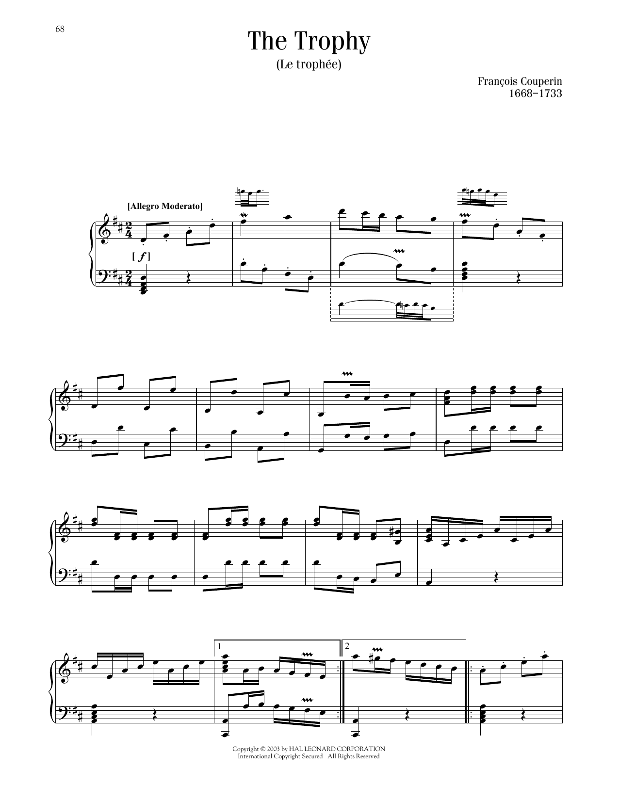 Francois Couperin Le Trophee (The Trophy) sheet music notes and chords arranged for Piano Solo