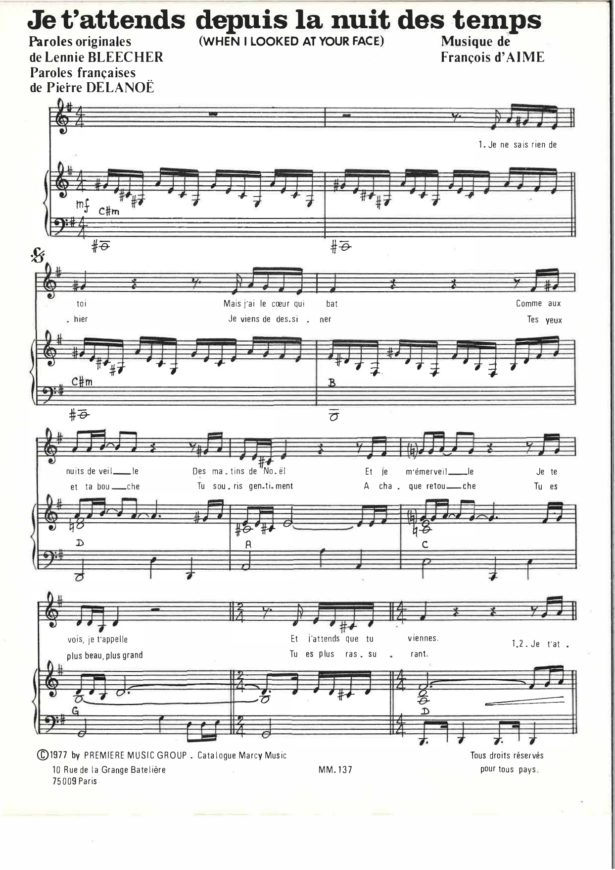 François d'Aime Je t'attends depuis la nuit des temps sheet music notes and chords arranged for Piano & Vocal