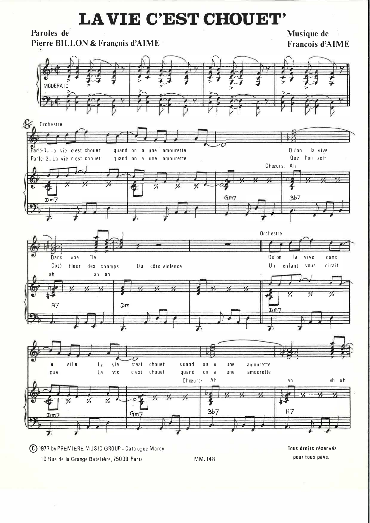 François d'Aime La vie c'est chouet' sheet music notes and chords arranged for Piano & Vocal