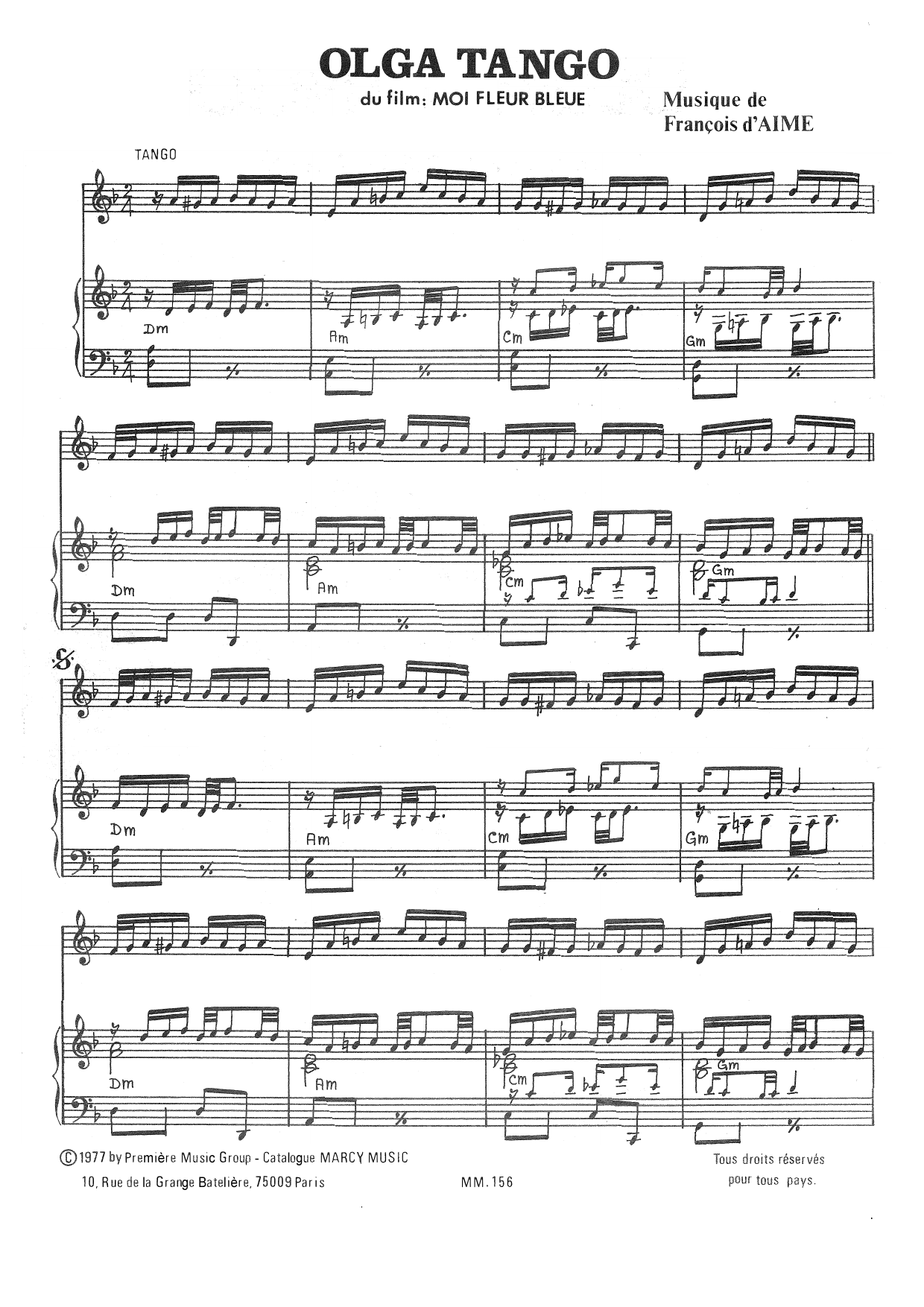 François d'Aime Olga Tango sheet music notes and chords arranged for Instrumental Solo and Piano Accompaniment