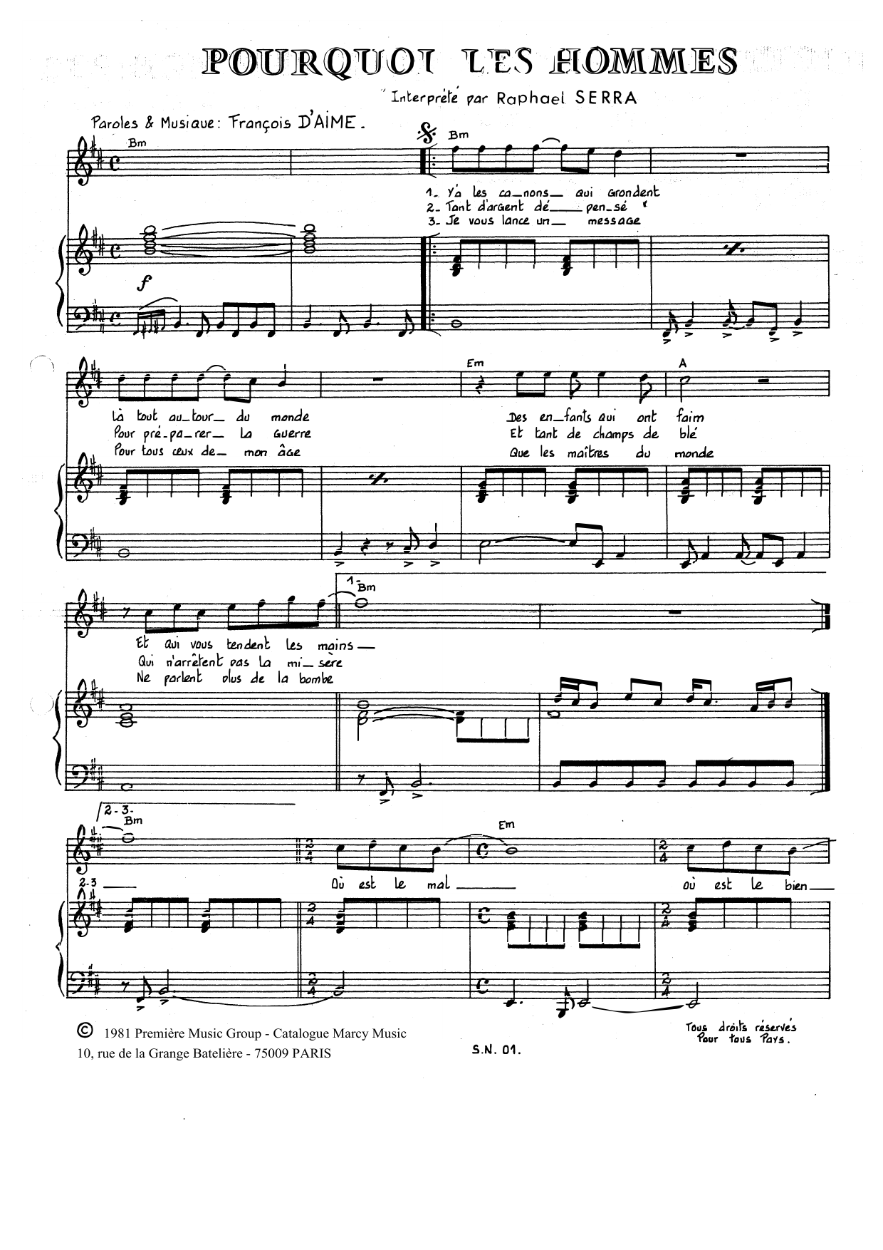 François d'Aime Pourquoi Les Hommes sheet music notes and chords arranged for Piano & Vocal