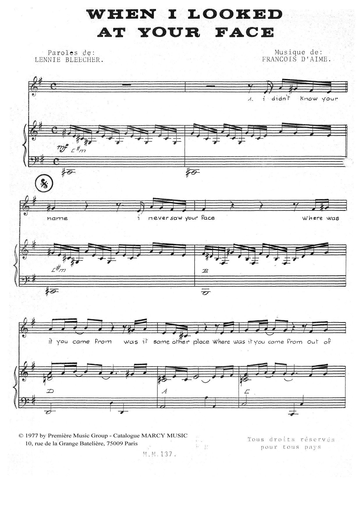 François d'Aime When I Looked At Your Face sheet music notes and chords arranged for Piano & Vocal