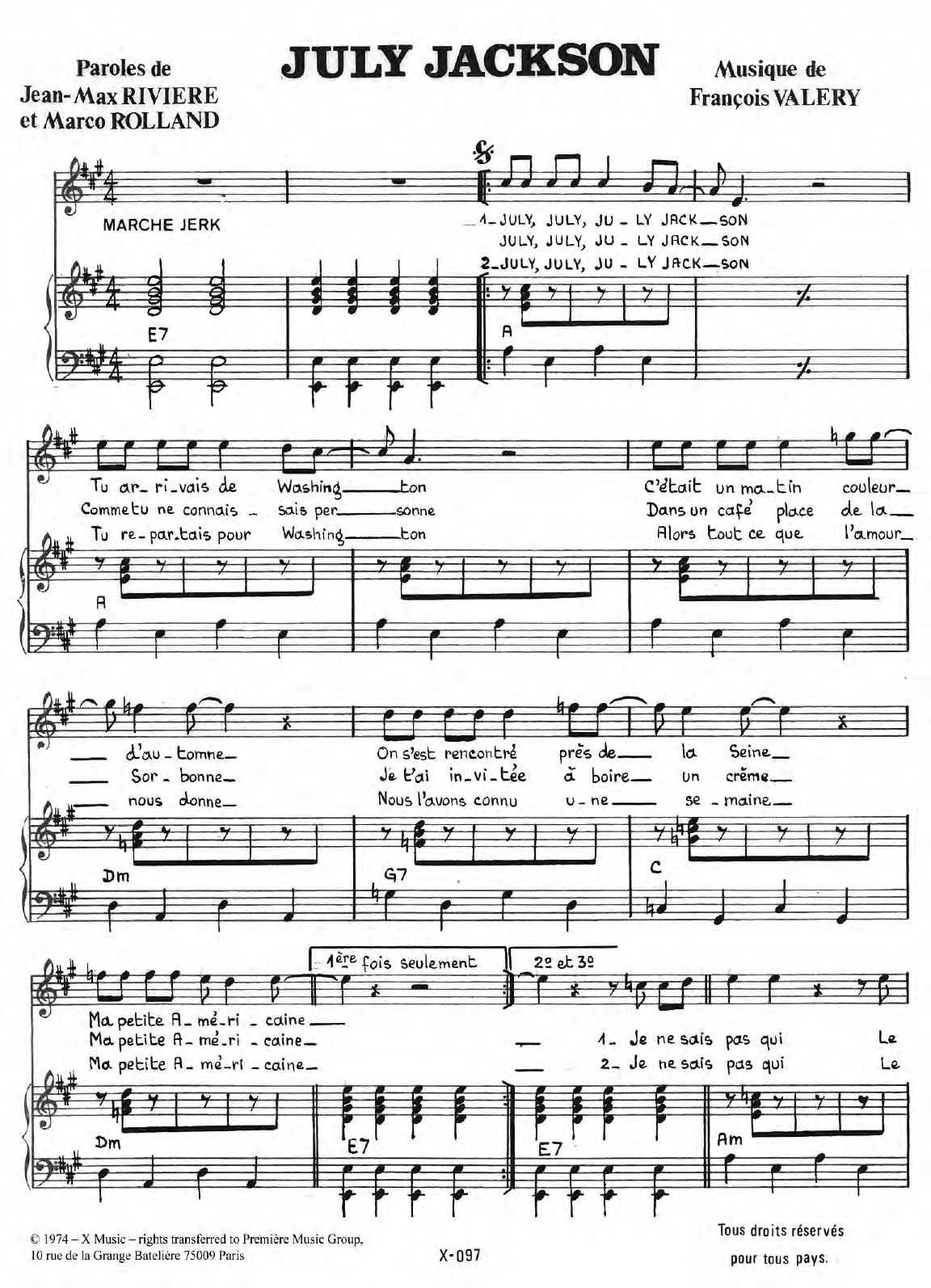 Francois Valery July Jackson sheet music notes and chords arranged for Piano & Vocal