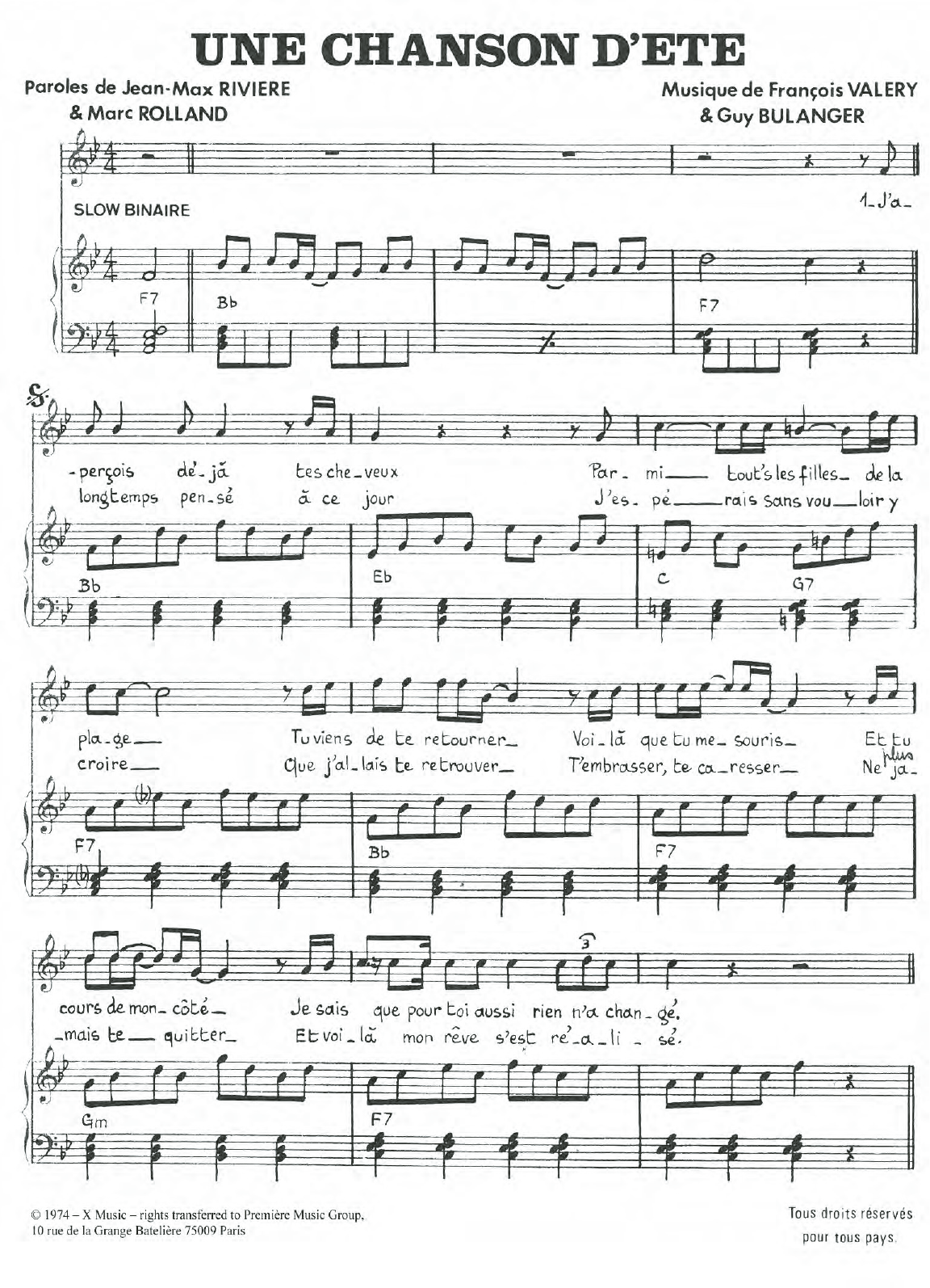 Francois Valery Une Chanson D'ete sheet music notes and chords arranged for Piano & Vocal