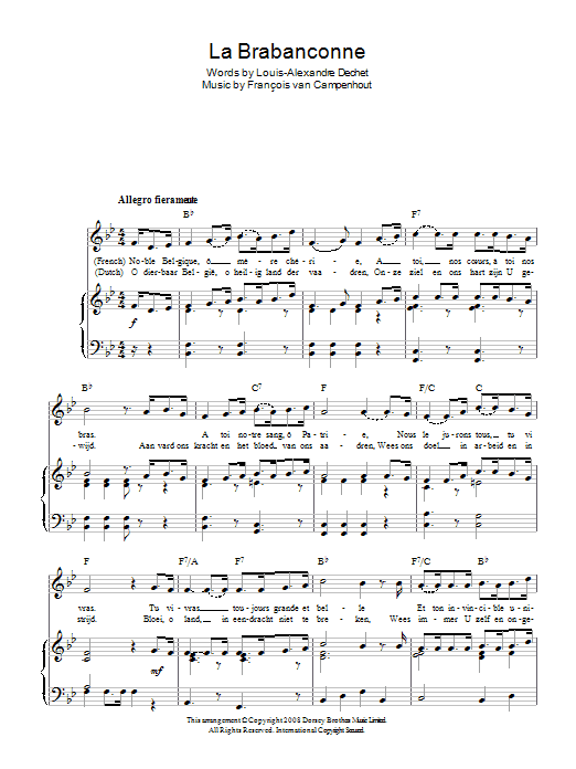 Francois van Campenhout La Brabanconne (Belgian National Anthem) sheet music notes and chords arranged for Piano, Vocal & Guitar Chords