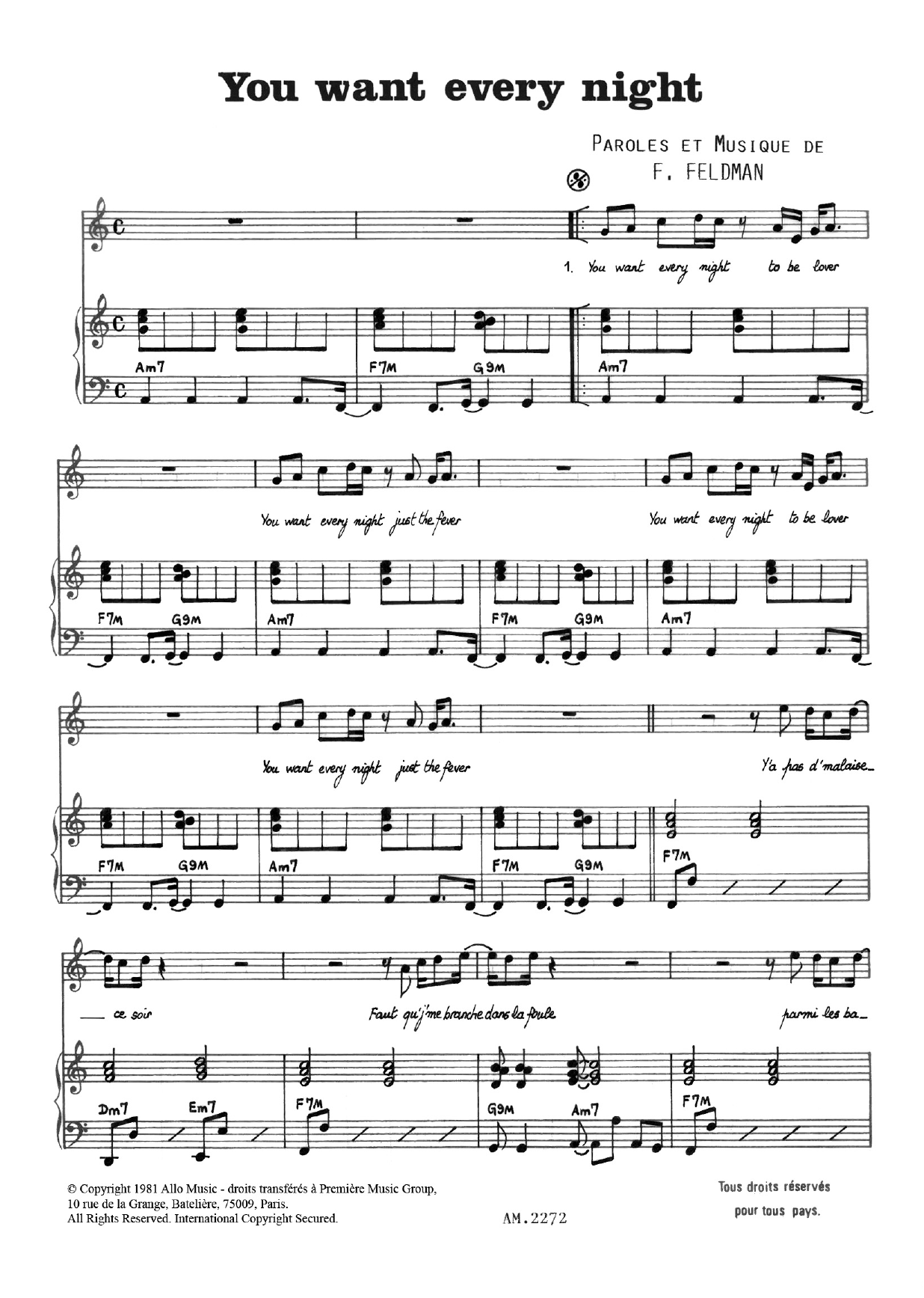 Francois Feldman You Want Every Night sheet music notes and chords arranged for Piano & Vocal