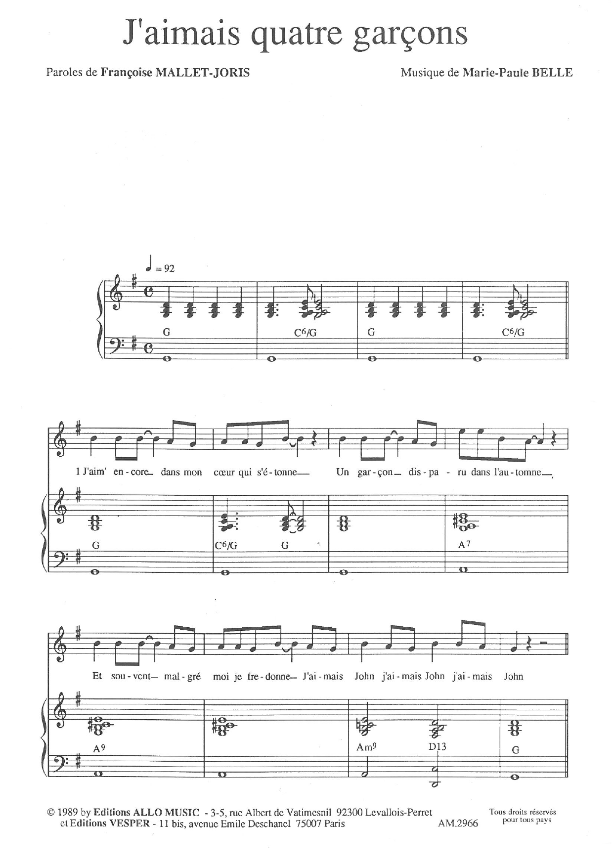 Françoise Mallet-Joris and Marie Paule Belle J'aimais Quatre Garçons sheet music notes and chords arranged for Piano & Vocal