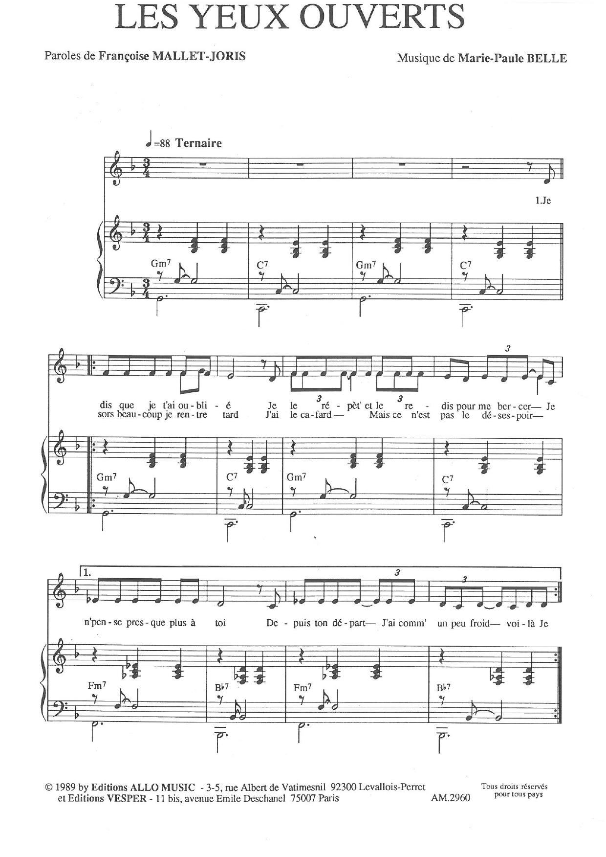 Françoise Mallet-Joris and Marie Paule Belle Les Yeux Ouverts sheet music notes and chords arranged for Piano & Vocal