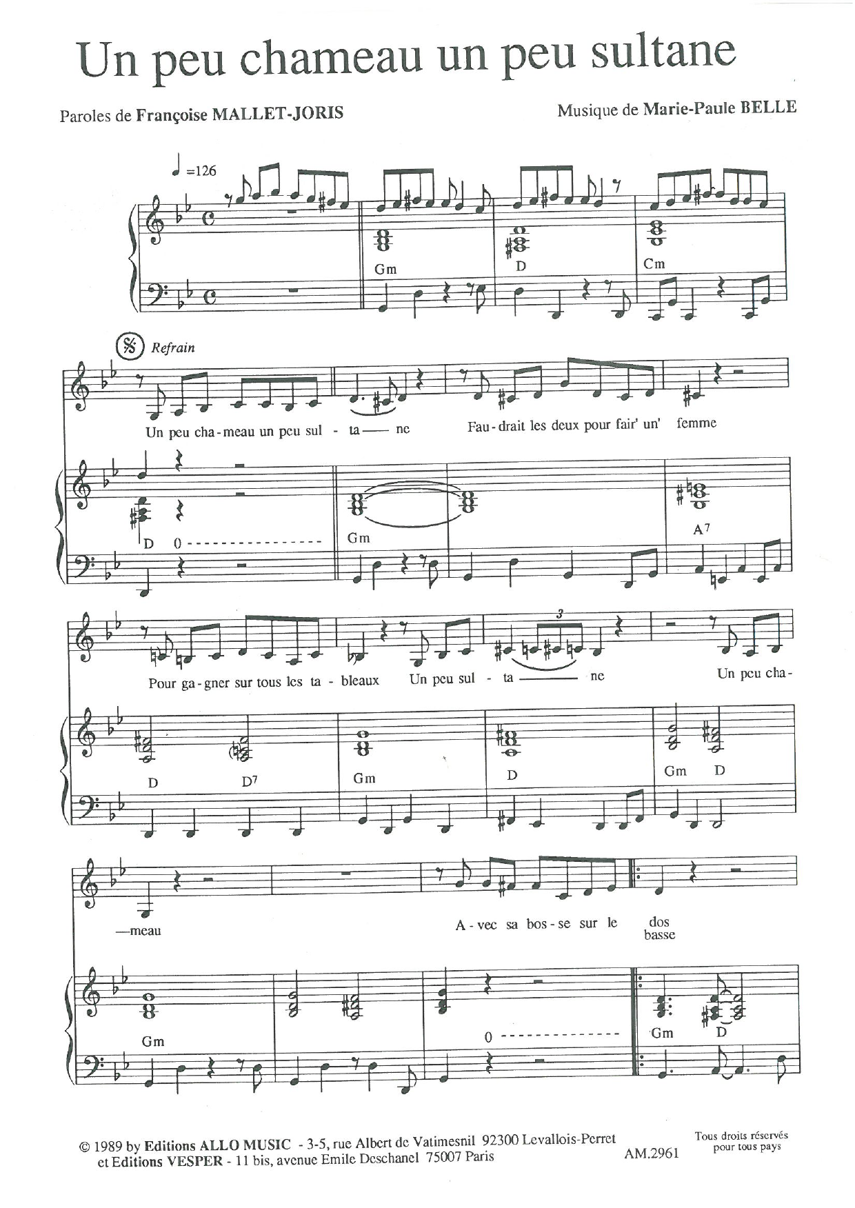 Françoise Mallet-Joris and Marie Paule Belle Un Peu Chameau Un Peu Sultane sheet music notes and chords arranged for Piano & Vocal