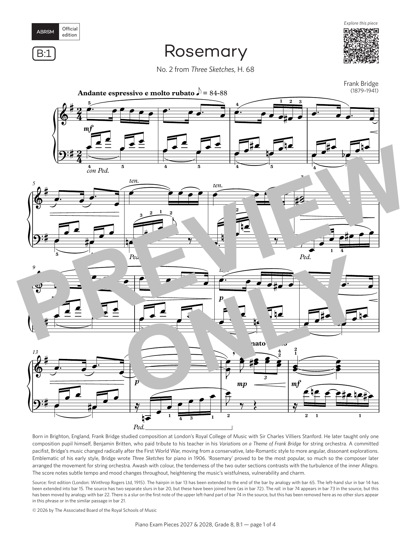 Frank Bridge Rosemary (Grade 8, list B1, from the ABRSM Piano Syllabus 2027 & 2028) sheet music notes and chords arranged for Piano Solo
