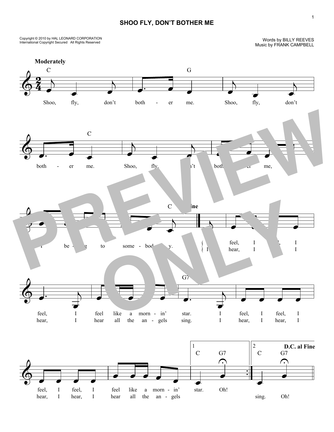 Frank Campbell Shoo Fly, Don't Bother Me sheet music notes and chords arranged for Lead Sheet / Fake Book