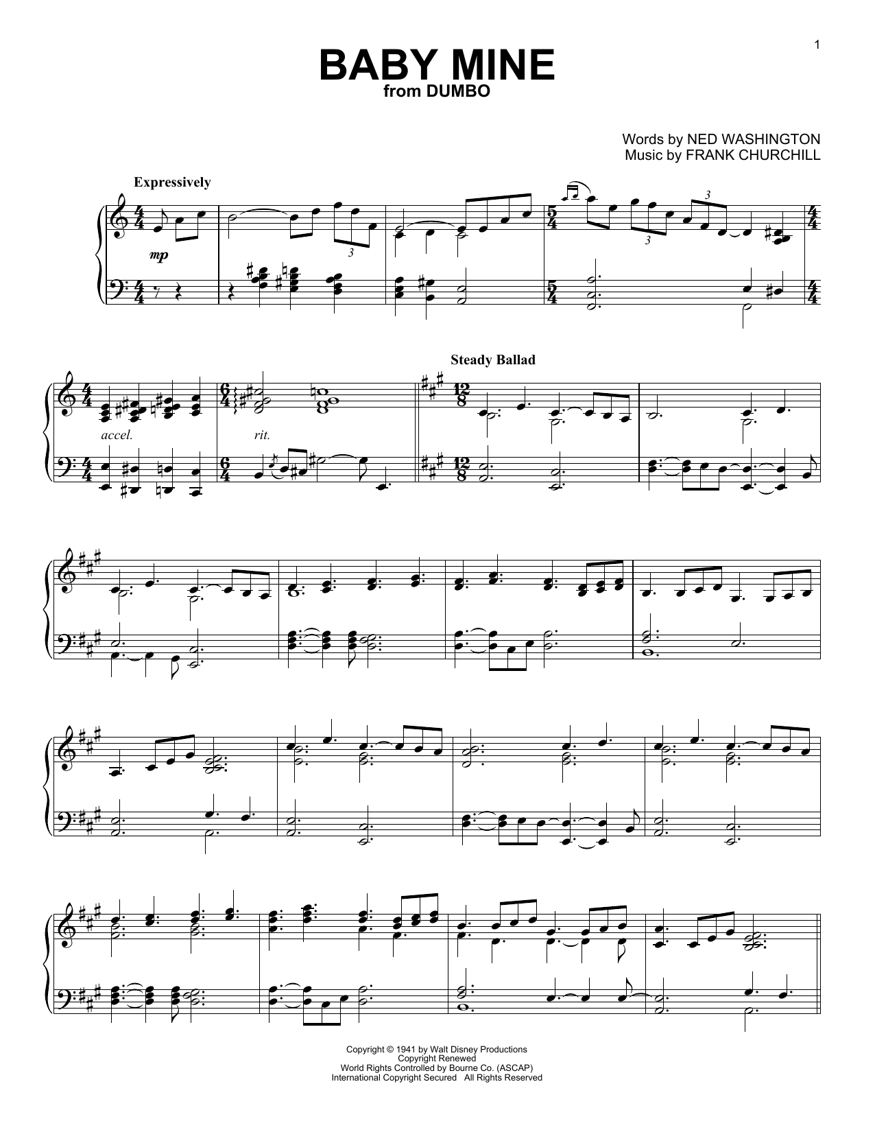 Frank Churchill & Ned Washington Baby Mine (from Dumbo) (arr. Jerry Cleveland) sheet music notes and chords arranged for Piano Solo