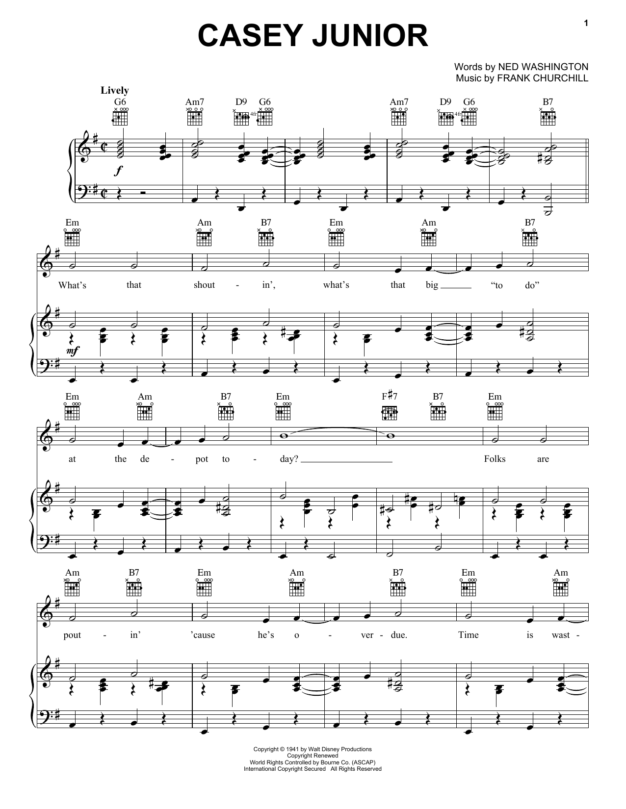 Ned Washington and Frank Churchill Casey Junior (from Walt Disney's Dumbo) sheet music notes and chords arranged for Piano & Vocal