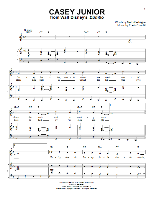 Frank Churchill Casey Junior sheet music notes and chords arranged for Piano & Vocal