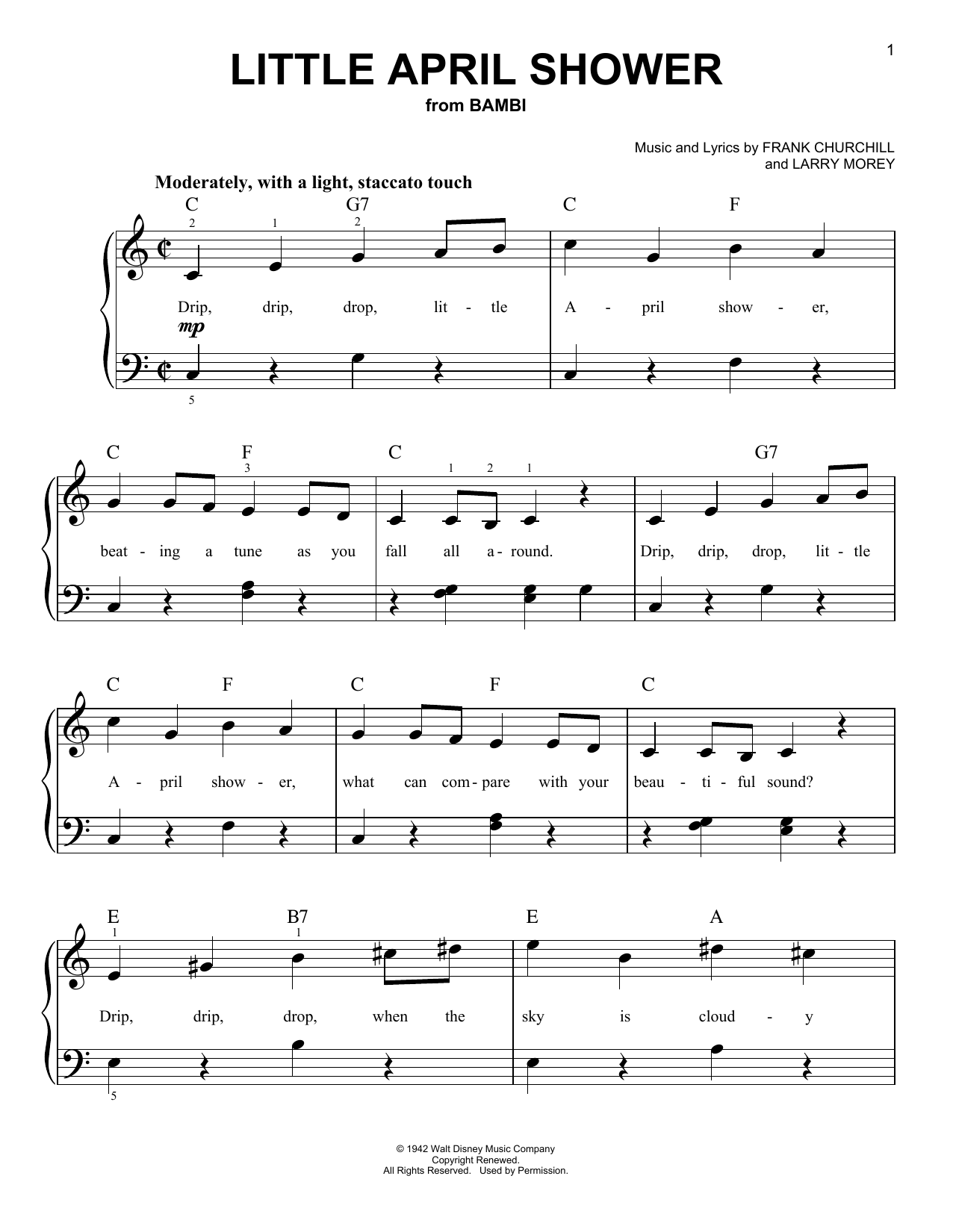 Frank Churchill Little April Shower (from Bambi) sheet music notes and chords arranged for Very Easy Piano