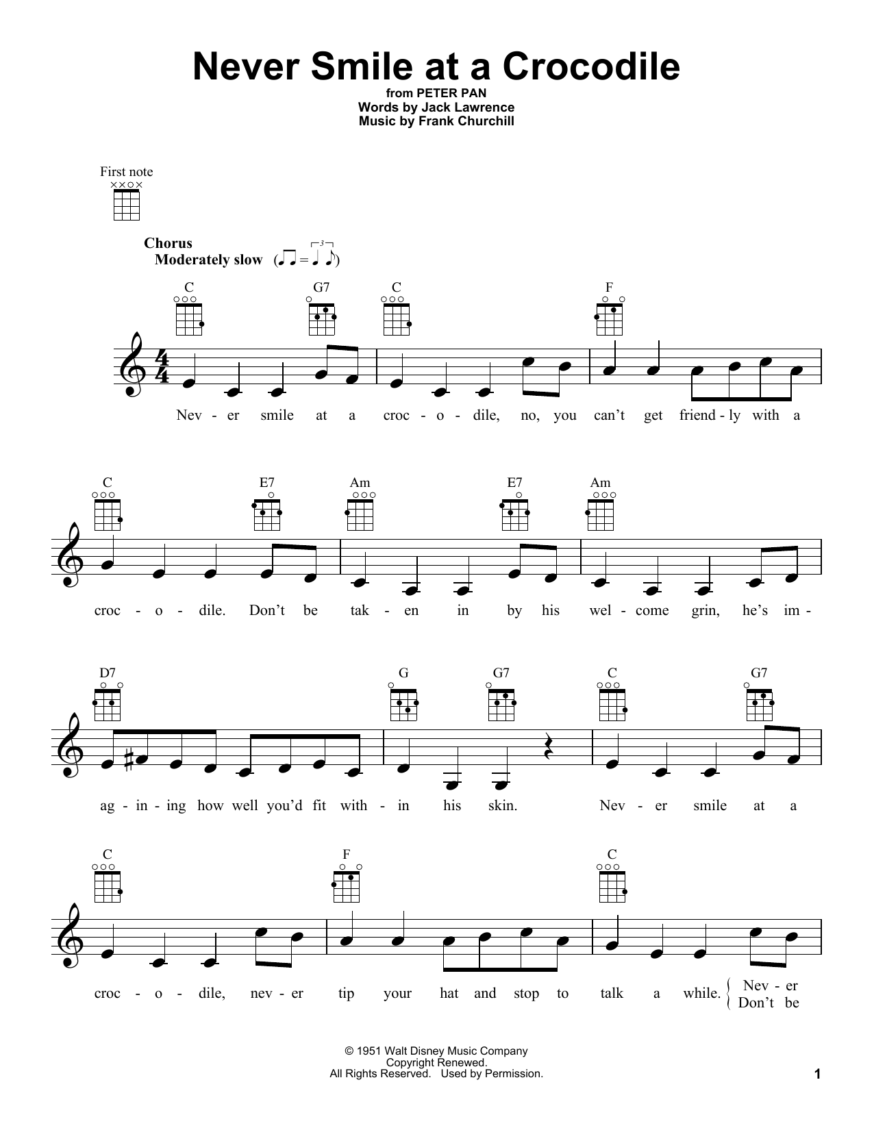 Frank Churchill Never Smile At A Crocodile (from Peter Pan) sheet music notes and chords arranged for Ukulele