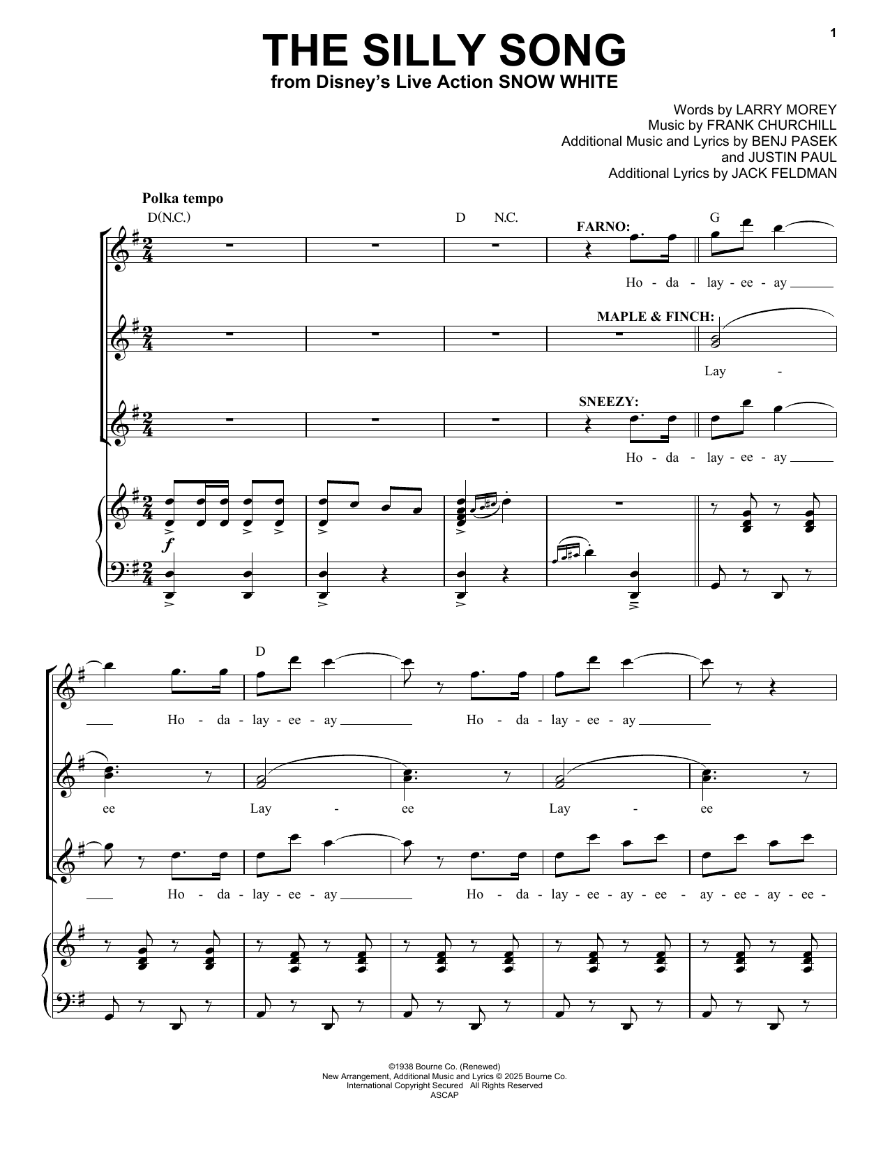 Frank Churchill The Dwarfs' Yodel Song (Silly Song) (from Snow White) (2025) sheet music notes and chords arranged for Piano & Vocal