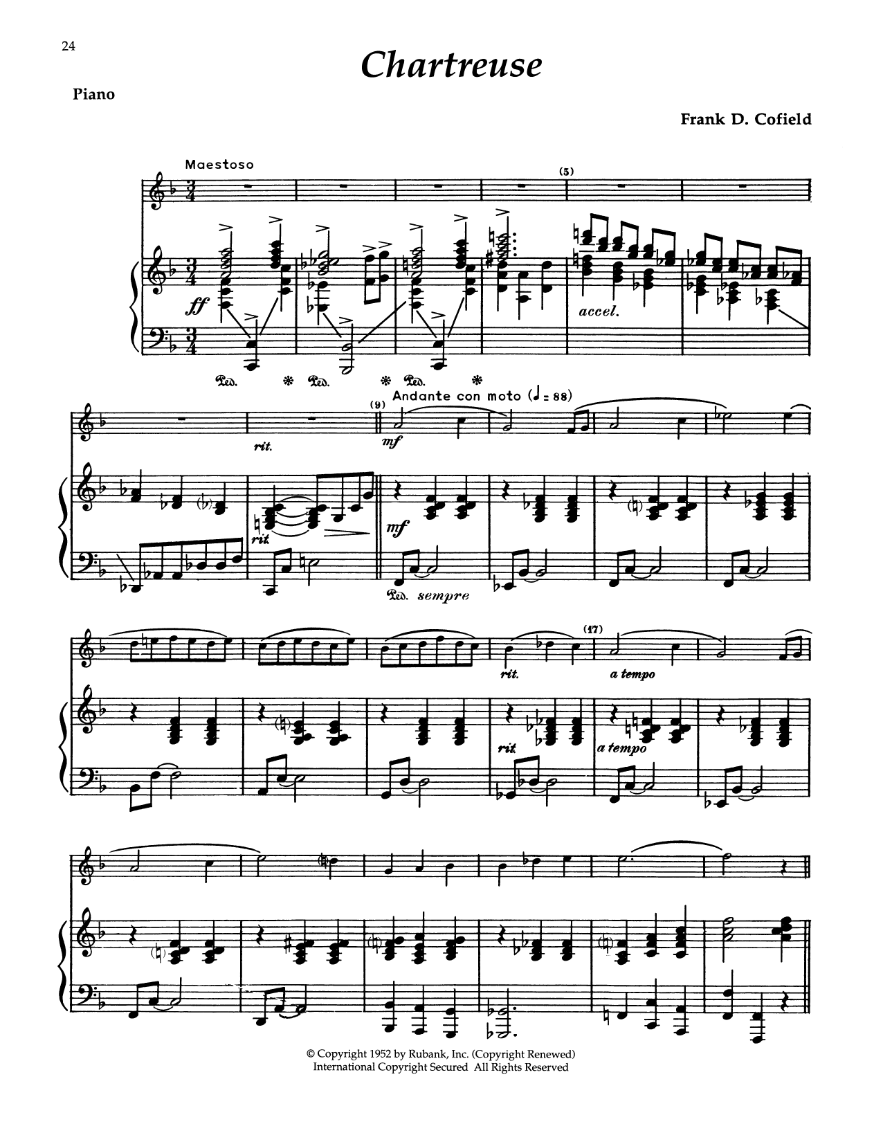 Frank D. Cofield Chartreuse sheet music notes and chords arranged for Alto Sax and Piano