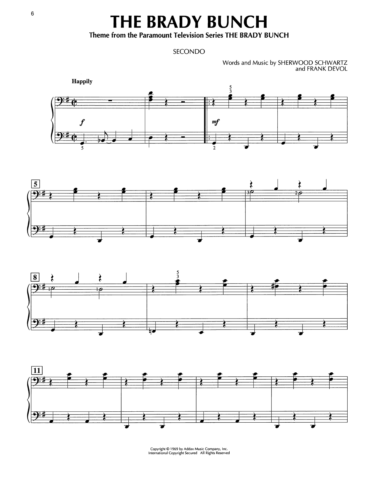 Frank DeVol The Brady Bunch sheet music notes and chords arranged for Piano Duet