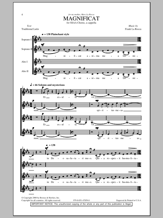 Frank La Rocca Magnificat sheet music notes and chords arranged for SSA Choir
