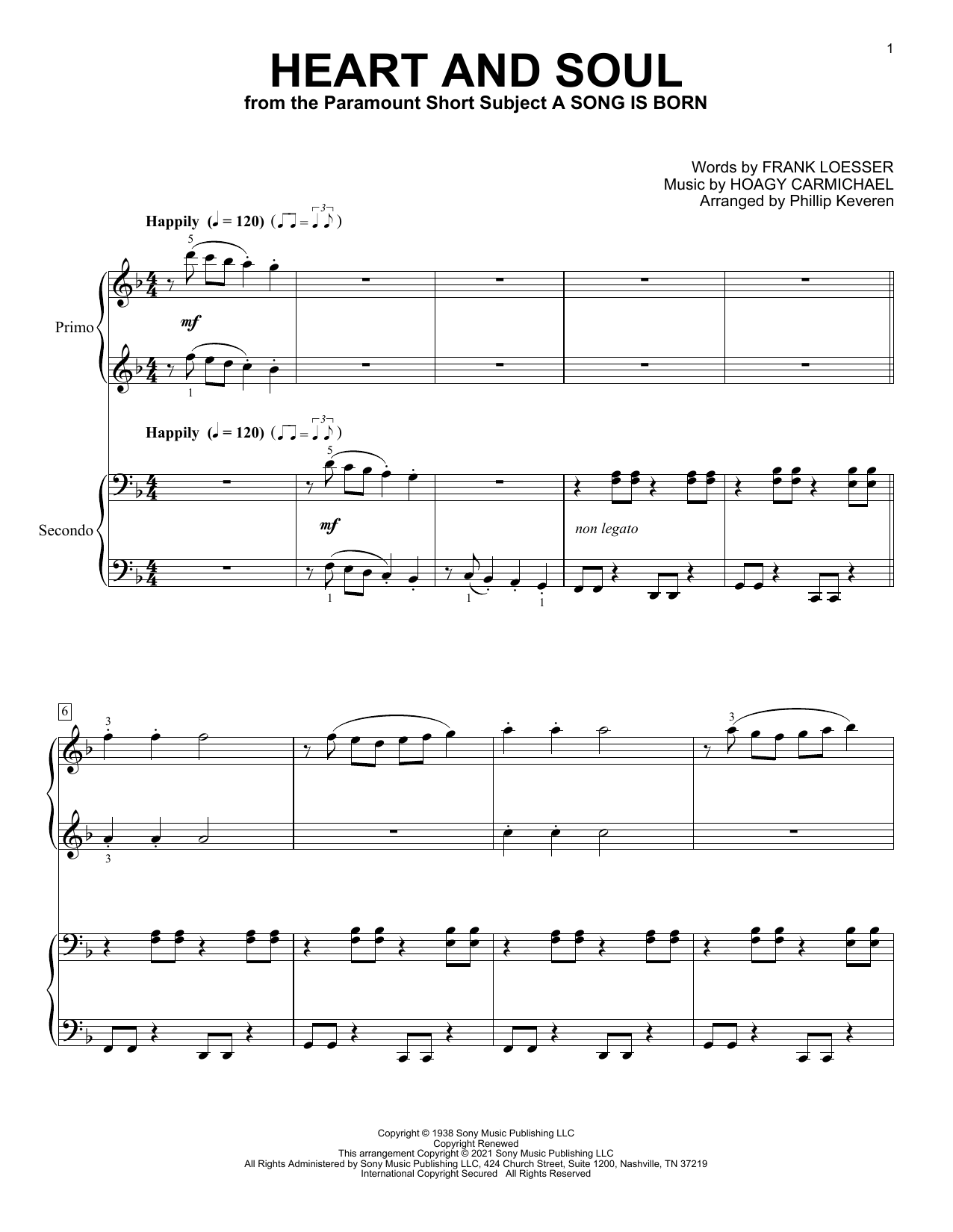 Frank Loesser & Hoagy Carmichael Heart And Soul (arr. Phillip Keveren) sheet music notes and chords arranged for Piano Duet